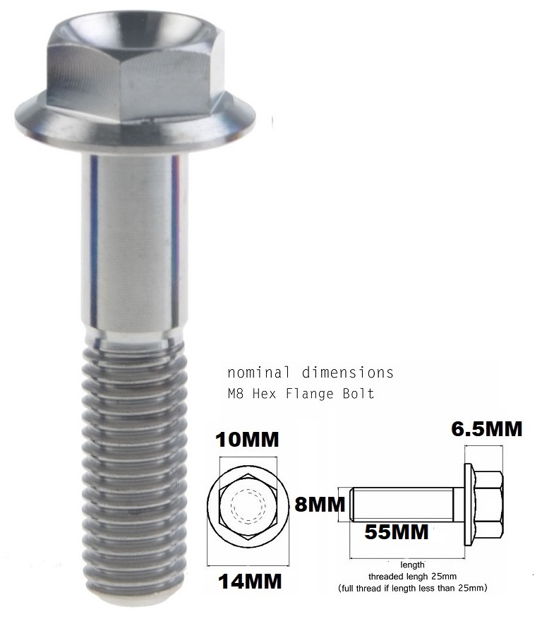 M8X55MM 1.25 THREAD PITCH TITANIUM FLANGE 10MM HEX BOLT GRADE 5